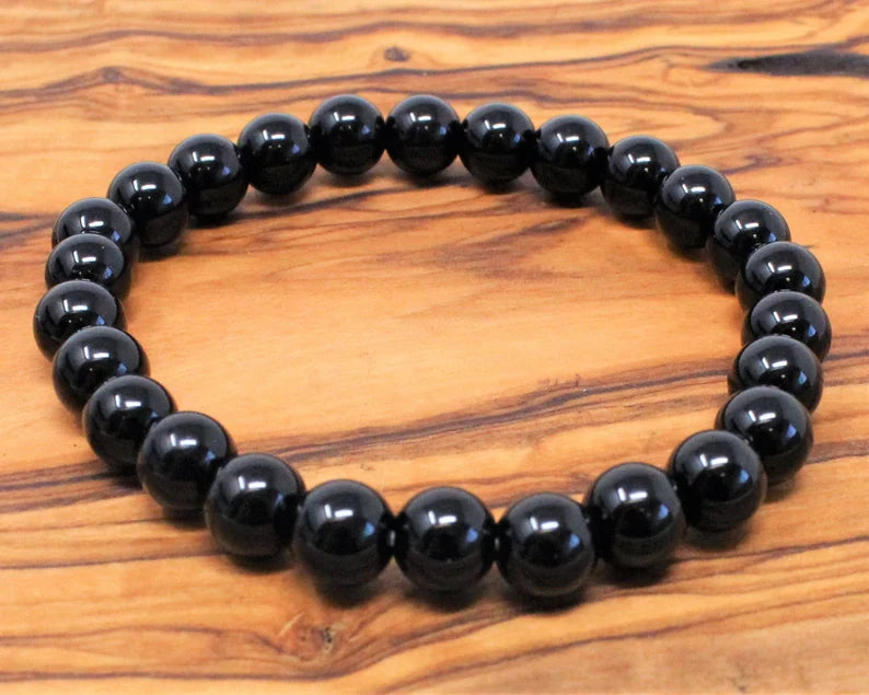 Black Obsidian Gemstone Stretch Bracelet with 6mm Round Beads/ Handmade/ High Quality/ Earth Star and Root Chakra